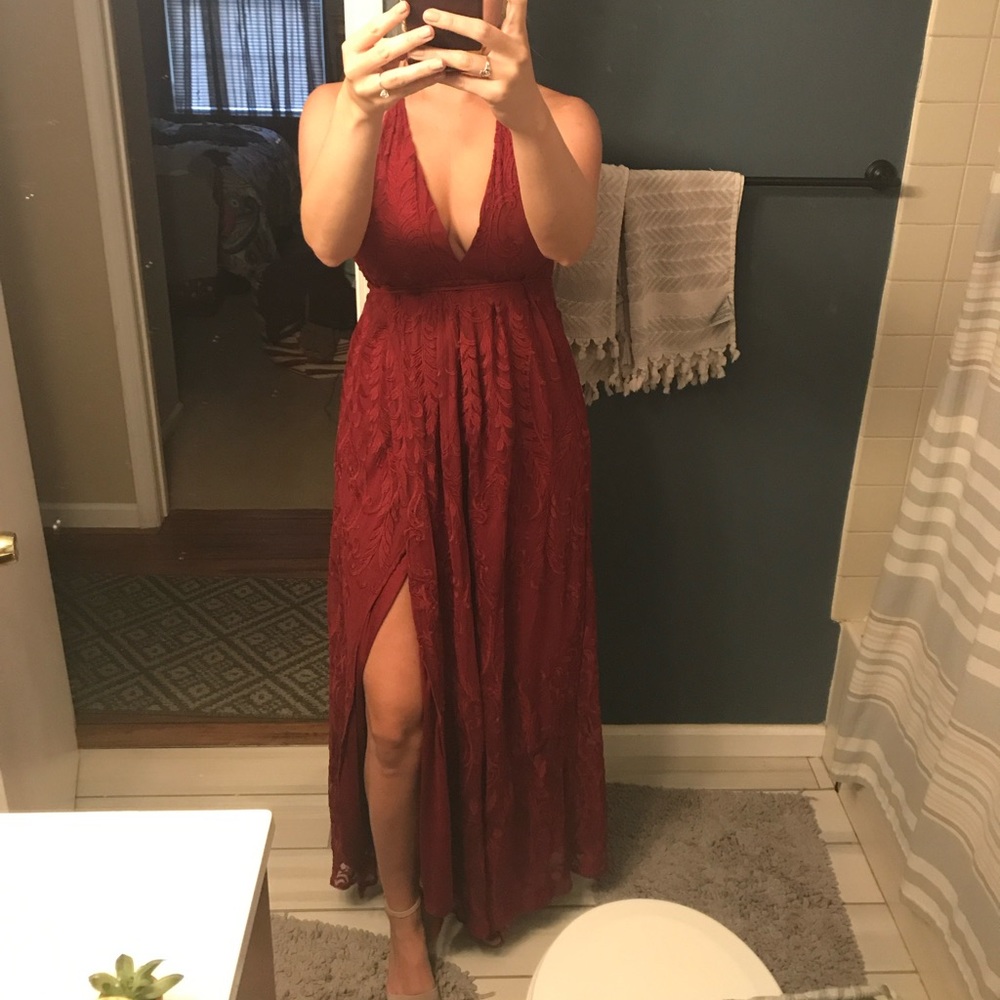 Maroon maxi wrap dress with lace detail, never worn, new with tags.